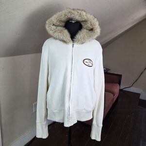 MVSport XL Cream Zip Hoodie with Faux Fur Lined Hood ADK Lake Placid Patch VTG